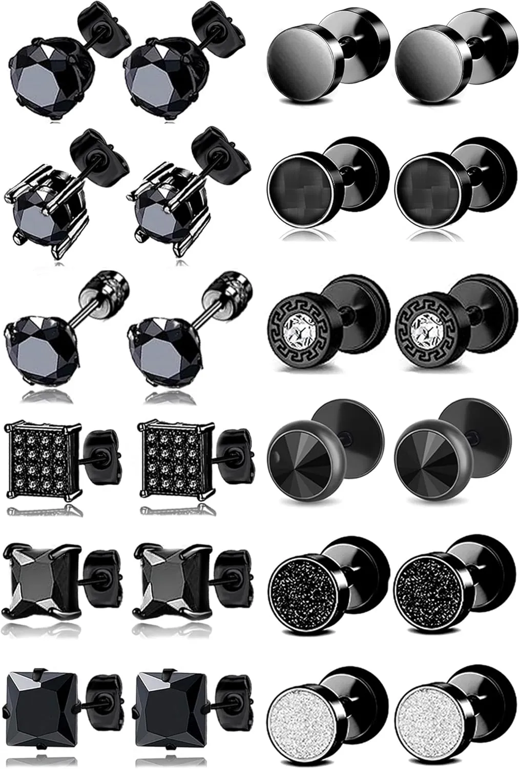 12 Pairs Stainless Steel Stud Earrings Cubic Zirconia Cartilage Barbell Earring Set for Men Women Black Silver Tone 8mm