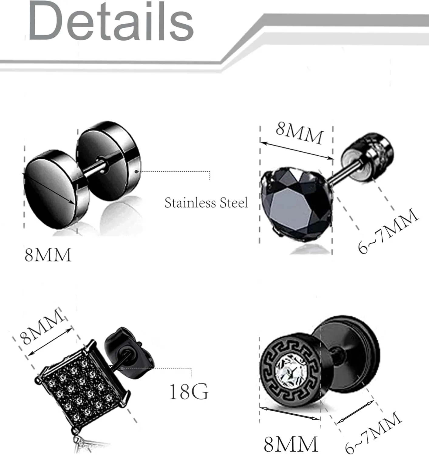 12 Pairs Stainless Steel Stud Earrings Cubic Zirconia Cartilage Barbell Earring Set for Men Women Black Silver Tone 8mm