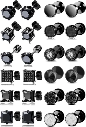 12 Pairs Stainless Steel Stud Earrings Cubic Zirconia Cartilage Barbell Earring Set for Men Women Black Silver Tone 8mm