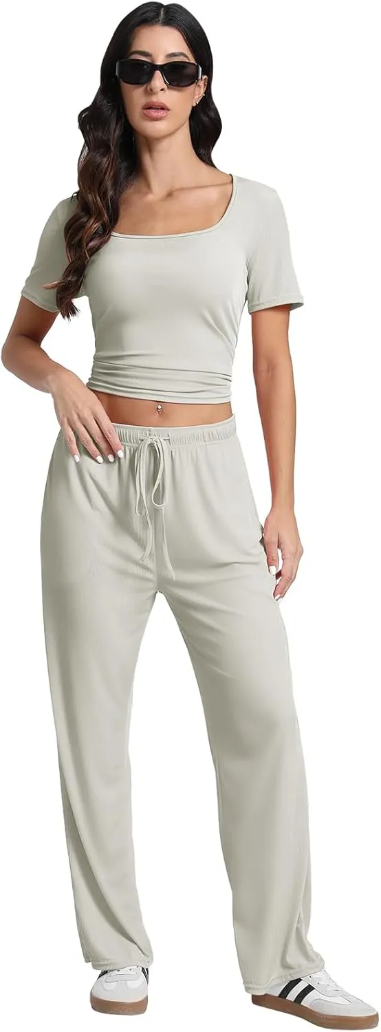2 Piece Set For Women With Pockects,Wide Leg Pants Tracksuit Set Women