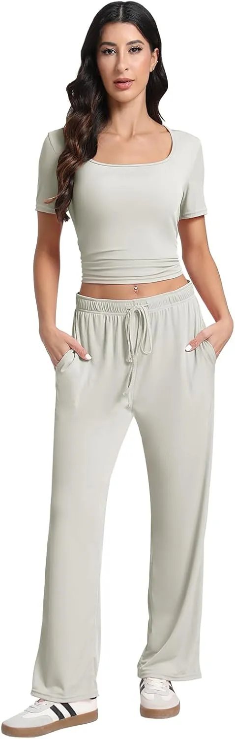 2 Piece Set For Women With Pockects,Wide Leg Pants Tracksuit Set Women