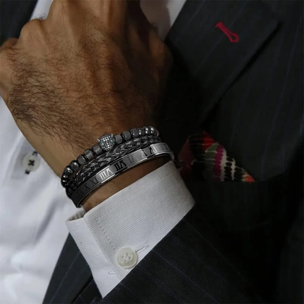 3pcs/set Classical Handmade Braiding Bracelet Hip Hop Men Pave CZ Leopard Head Roman Numeral Bracelet Stainless Steel Jewelry