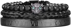3pcs/set Classical Handmade Braiding Bracelet Hip Hop Men Pave CZ Leopard Head Roman Numeral Bracelet Stainless Steel Jewelry