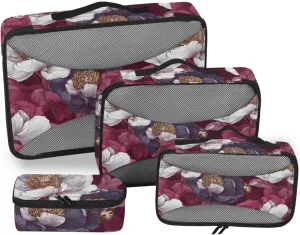 4 Pcs set organizer for closet Mesh Travel Essentials Beauty Peonies Burgundy lightweight cubes for diaper bag