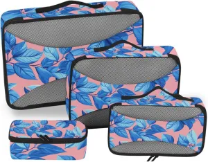 4 Pcs set organizer for luggage Mesh Travel Essentials Blue Leaves Pink Background lightweight cubes for packing