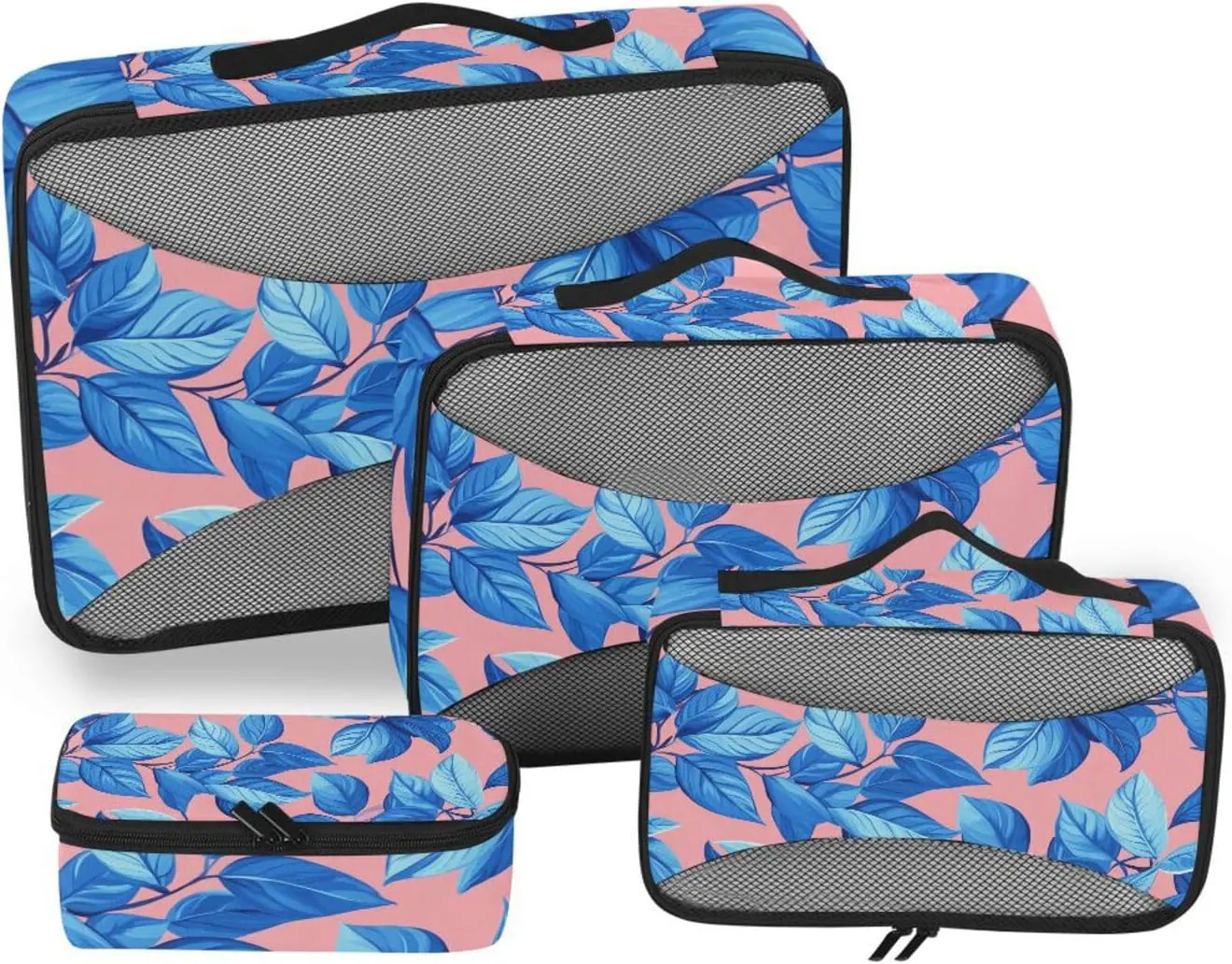 4 Pcs set organizer for luggage Mesh Travel Essentials Blue Leaves Pink Background lightweight cubes for packing