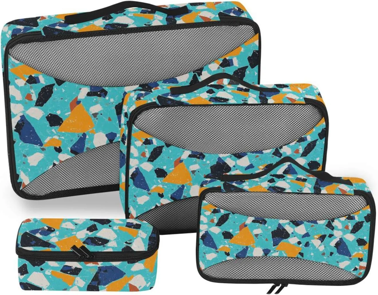 4 Pcs set organizers for travel Mesh Travel Essentials Terrazzo Pattern Glory Blue lightweight packing cubes