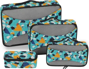 4 Pcs set organizers for travel Mesh Travel Essentials Terrazzo Pattern Glory Blue lightweight packing cubes