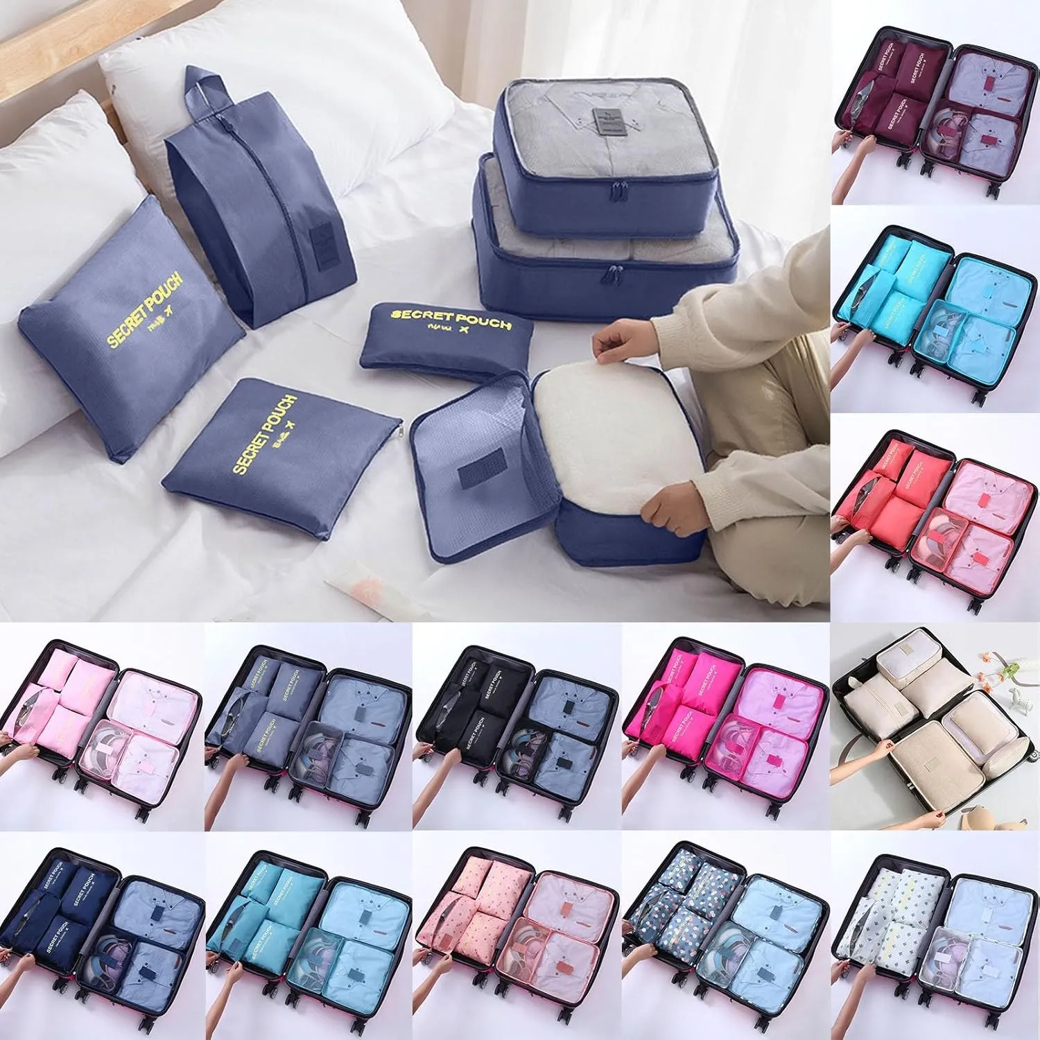 7 Set Packing Cubes for Suitcases, Travel Luggage Packing Organizers with Storage Shoe Bag, Clothing Underwear Bag, for Man & Women (F)