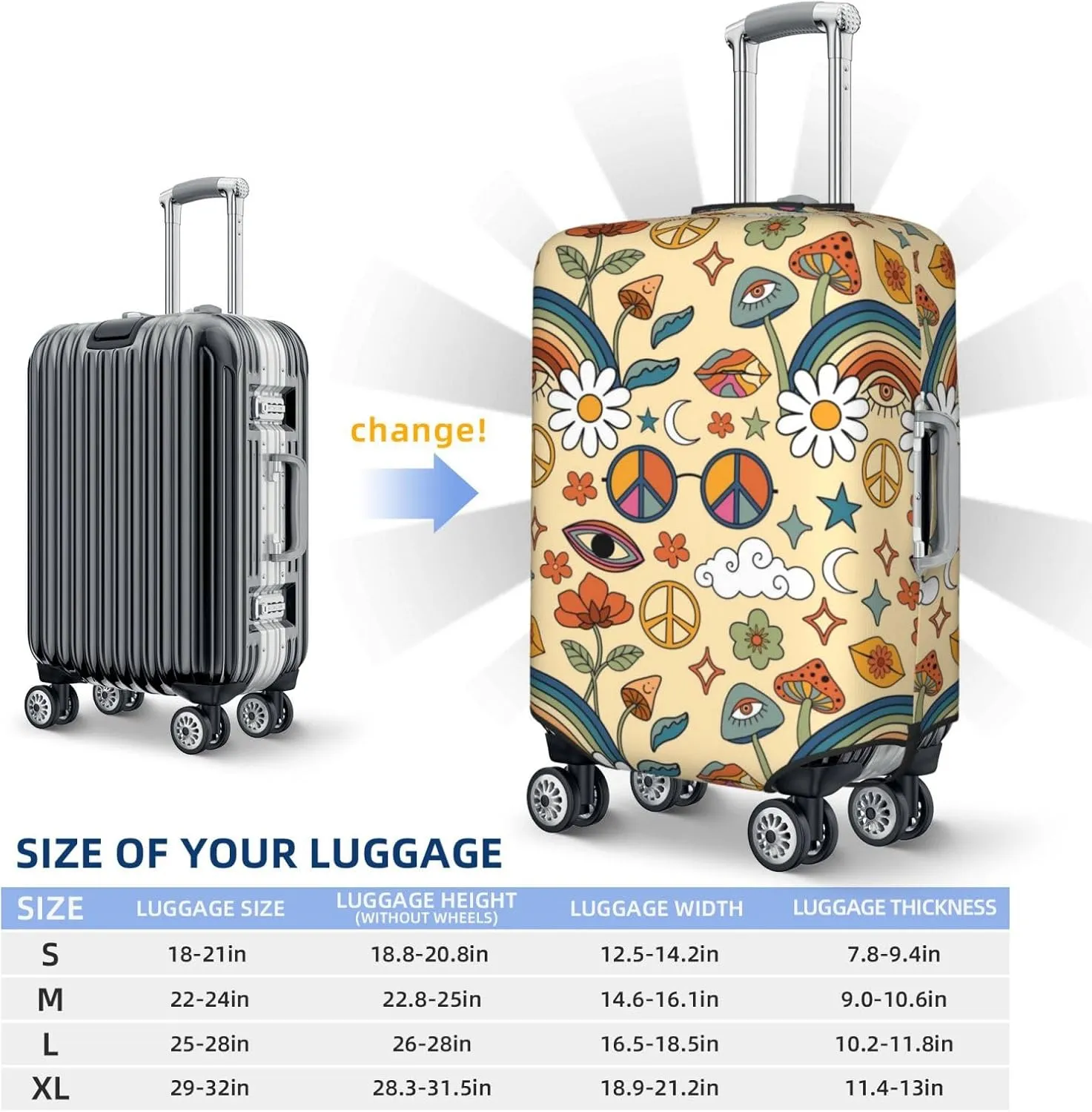 70s Hippie Style Luggage Cover,Washable Suitcase Covers Fashion Luggage Covers,Anti-Scratch Suitcase Protector Cover