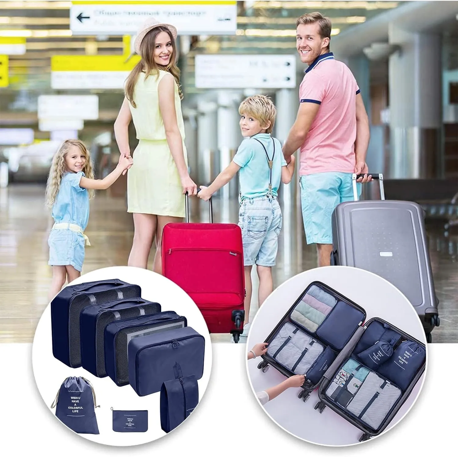 7PCS Packing Cubes for Travel, Travel Cubes Set Foldable Suitcase Organizer Lightweight Luggage Storage Bag Luggage Packing Organizers (Navy)