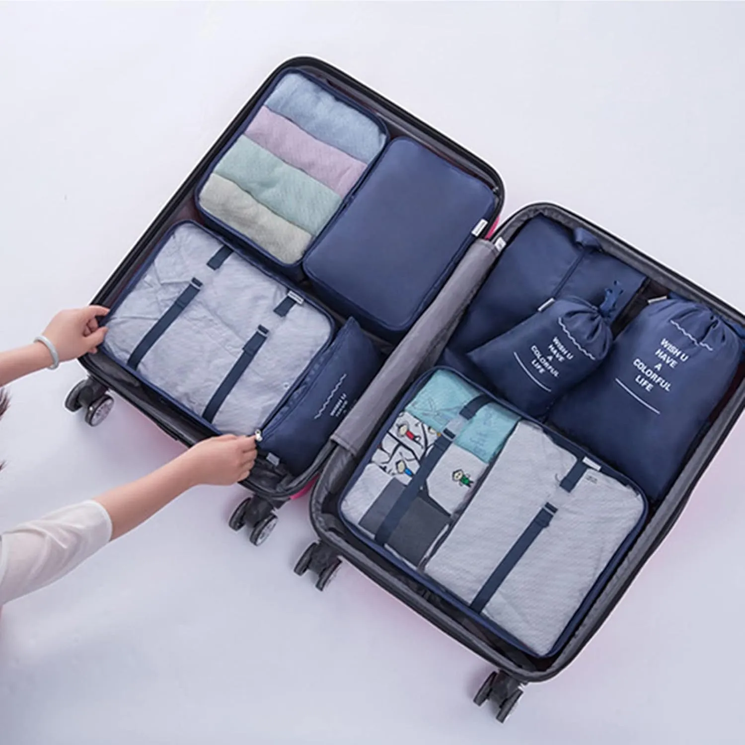 7PCS Packing Cubes for Travel, Travel Cubes Set Foldable Suitcase Organizer Lightweight Luggage Storage Bag Luggage Packing Organizers (Navy)