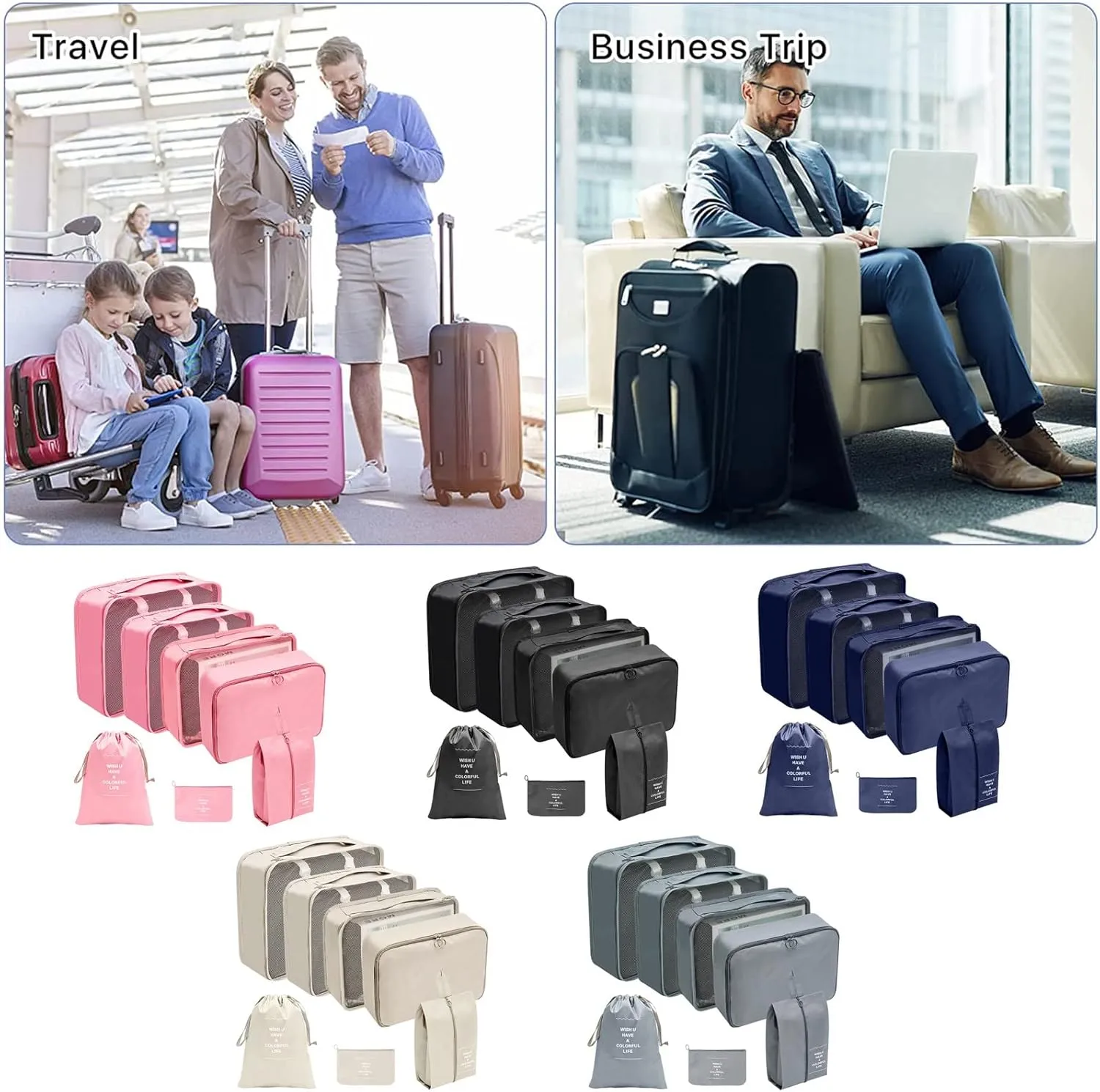 7PCS Packing Cubes for Travel, Travel Cubes Set Foldable Suitcase Organizer Lightweight Luggage Storage Bag Luggage Packing Organizers (Navy)