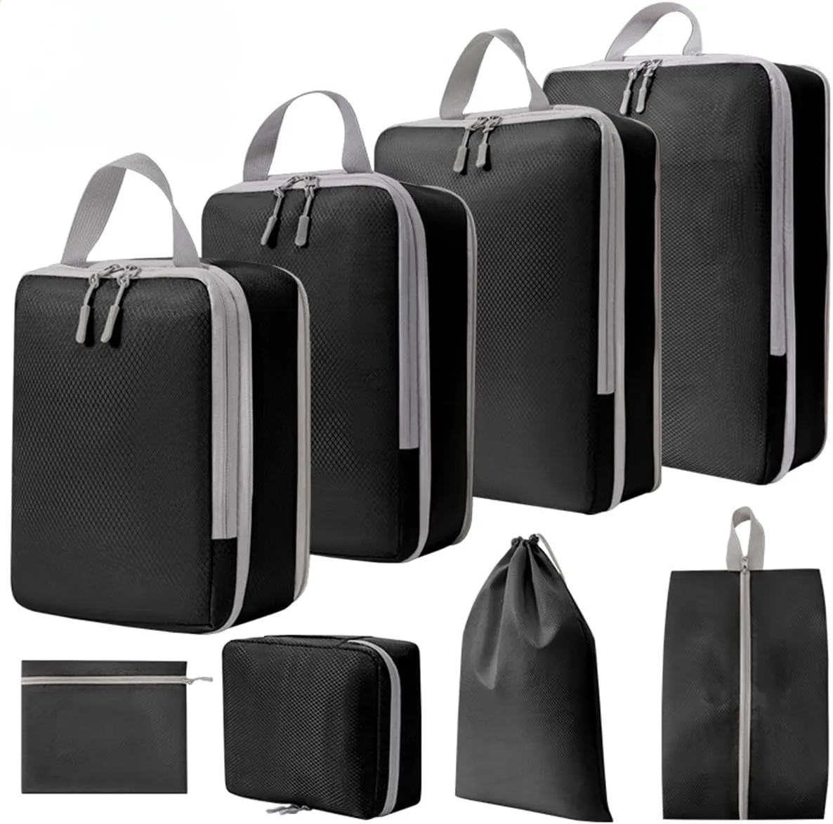 8 Set Compression Packing Cubes for Suitcases,Travel Essentials, Lightweight Luggage Travel Organizer Bags, Expandable Travel Cubes for Carry-on Suitcases (8pcs,Black)