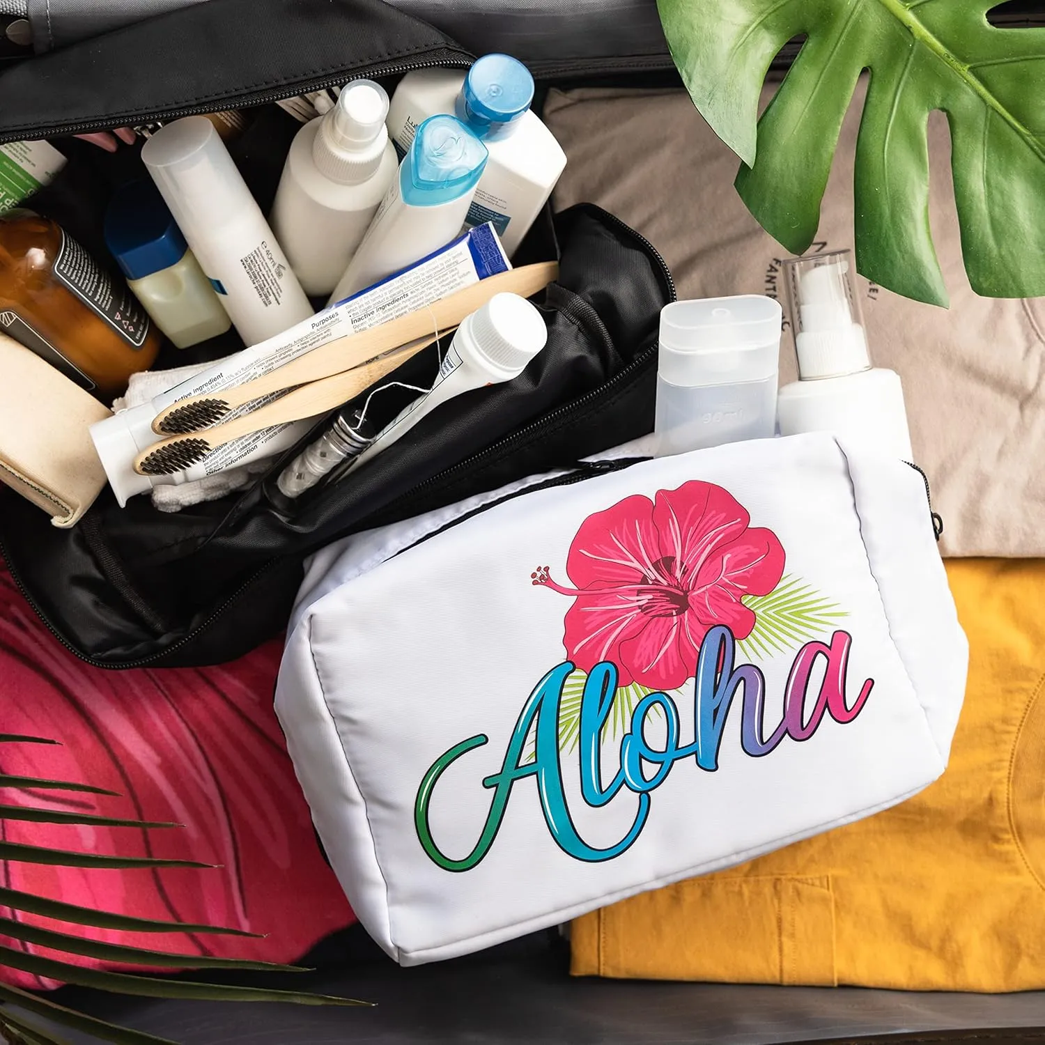 Aloha Designs ALOHA Cosmetic Bag for Women Roomy Makeup Bag Travel Splash-proof Toiletry Bag Accessories Organizer and Bikini Pouch. Aloha Water-resistant Beach Bag Pouch. Plus 1 Aloha Decal (White)