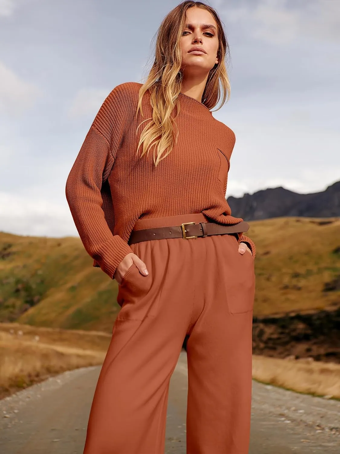 ANRABESS Women's Two Piece Outfits Long Sleeve Knit Top Fall Sweater Set Oversized Pants Tracksuit Lounge Sets