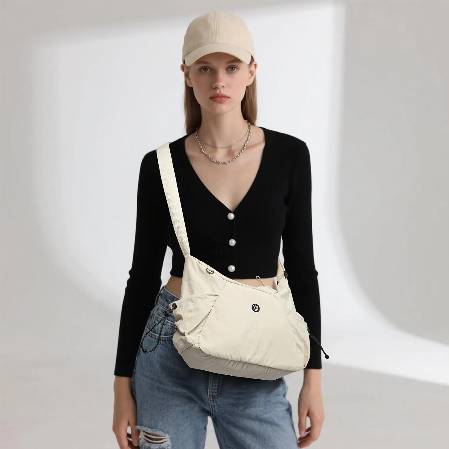 Axcone Hobo Bag for Women Nylon Crossbody Bag Multi-Pocket Sling Bag Roomy Lightweight Casual Shoulder Bag Adjustable Strap