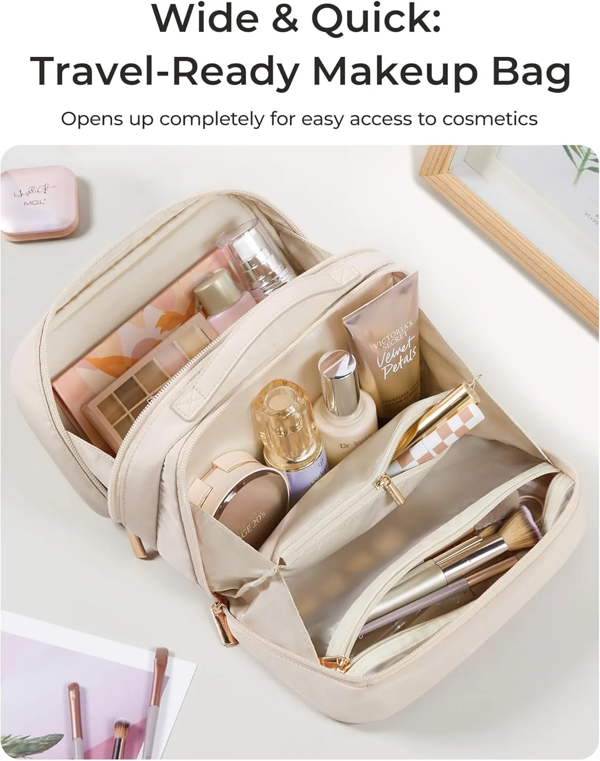 BAGSMART Travel Makeup Bag, Make Up Bag with Multiple Compartments for Organizer, Durable & Compact Cosmetic Organizer for Women for Travel Accessories (Beige)