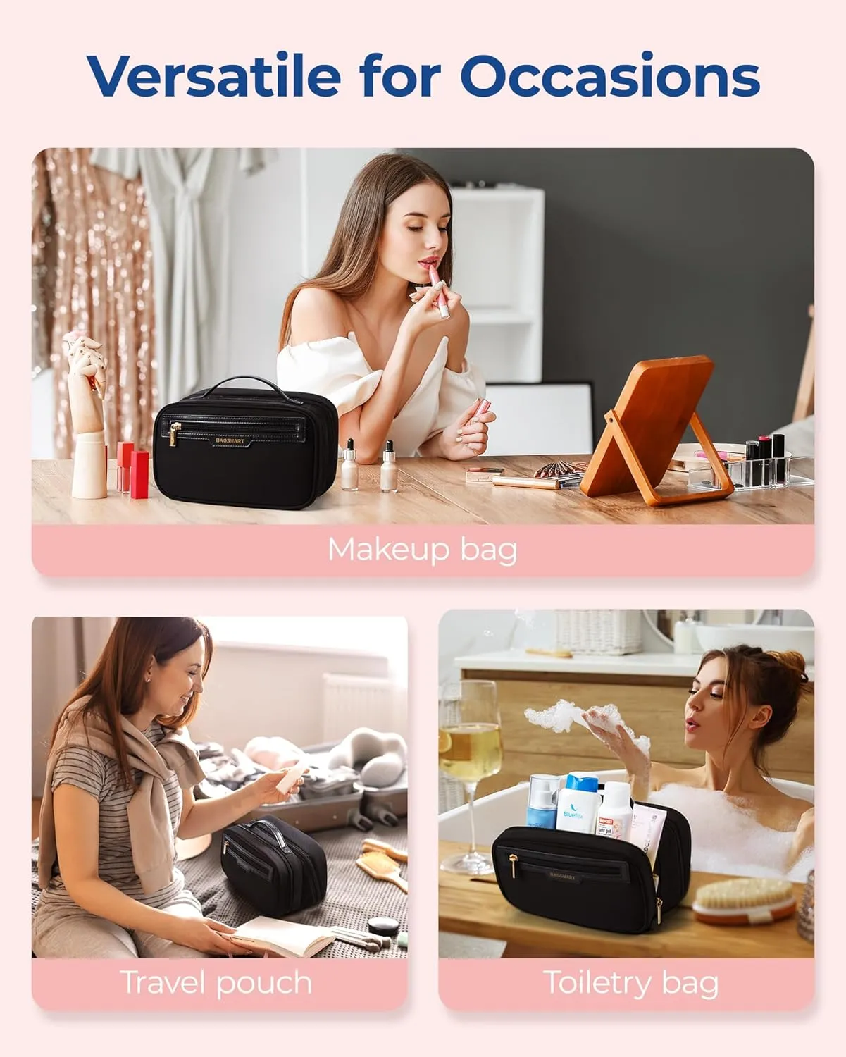 BAGSMART Travel Makeup Bag, Make Up Bag with Multiple Compartments for Organizer, Durable & Compact Cosmetic Organizer for Women for Travel Accessories (Black
