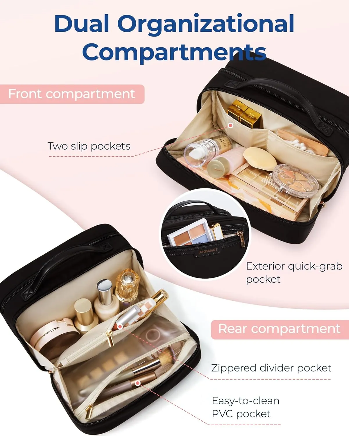 BAGSMART Travel Makeup Bag, Make Up Bag with Multiple Compartments for Organizer, Durable & Compact Cosmetic Organizer for Women for Travel Accessories (Black