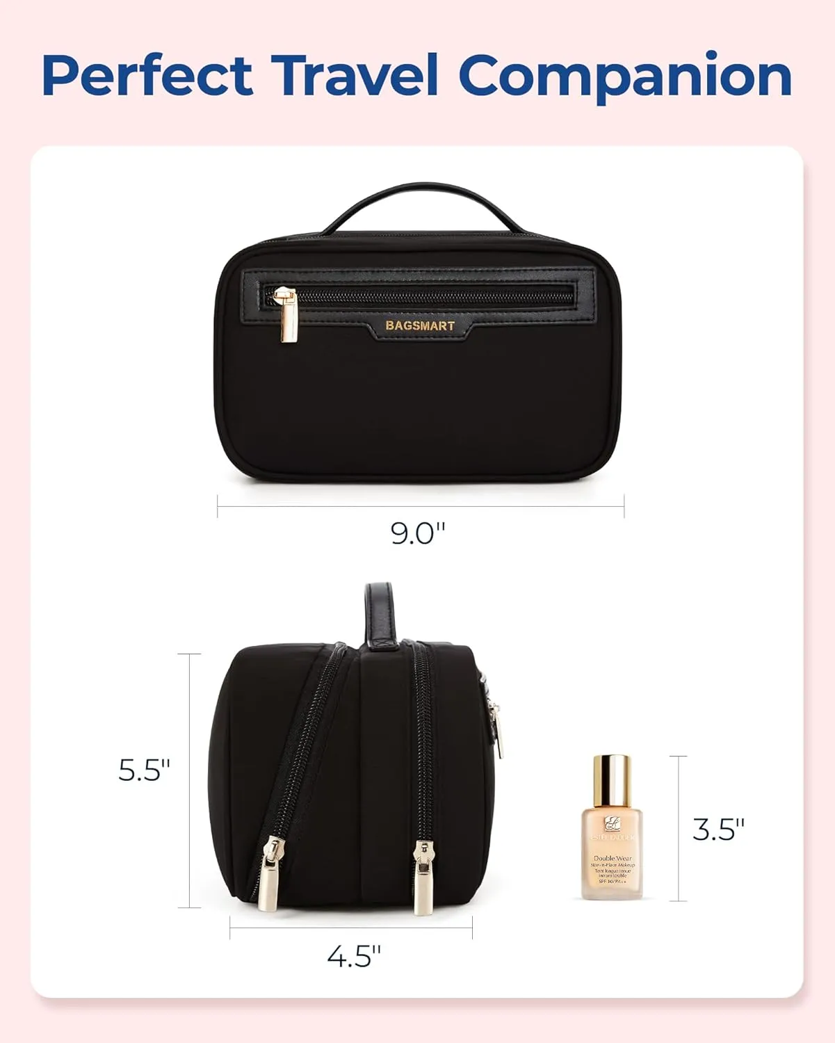 BAGSMART Travel Makeup Bag, Make Up Bag with Multiple Compartments for Organizer, Durable & Compact Cosmetic Organizer for Women for Travel Accessories (Black