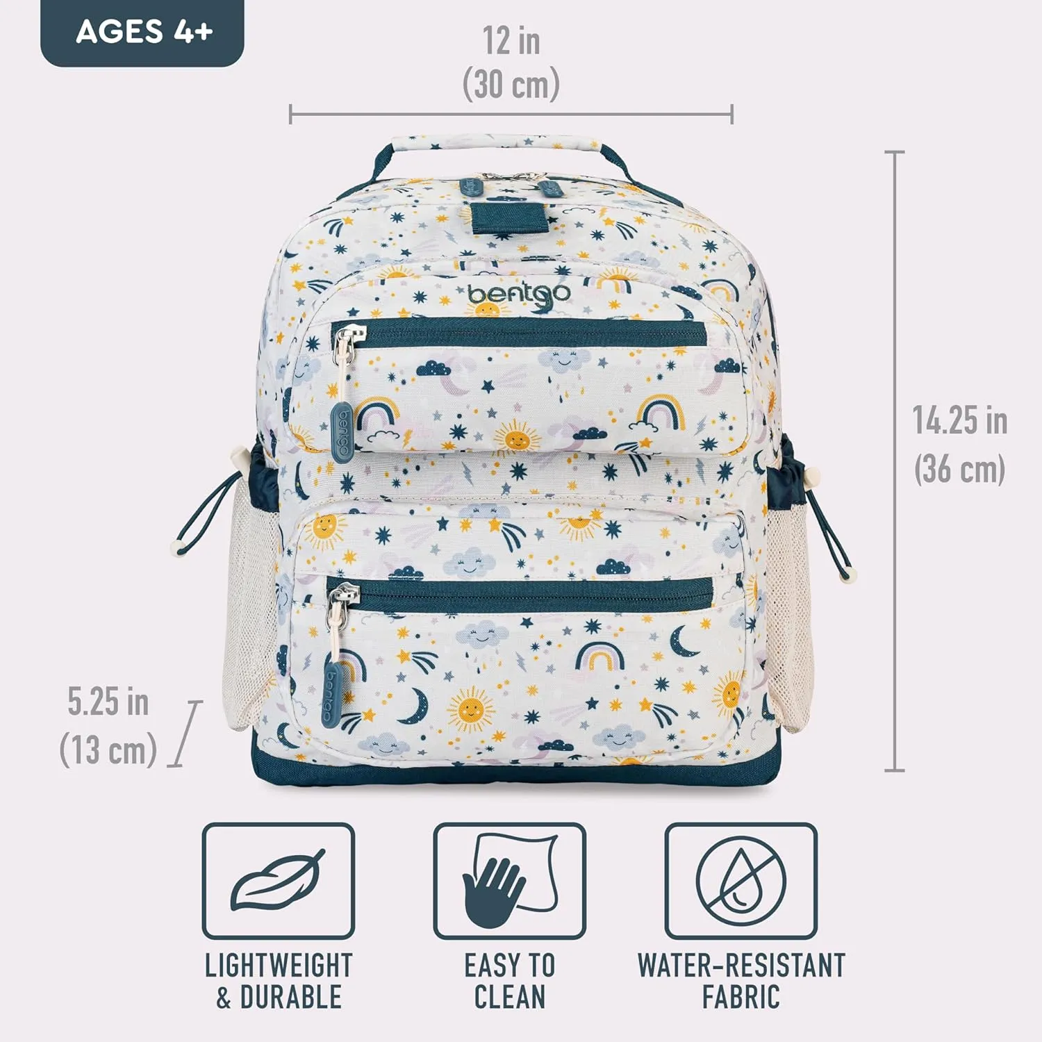 Bentgo Kids Backpack - Lightweight 14 Backpack in Fun Prints for School, Travel, & Daycare, Ideal for Ages 4 , Roomy Interior, Durable & Water-Resistant Fabric, & Loop for Lunch Bag (Friendly Skies)
