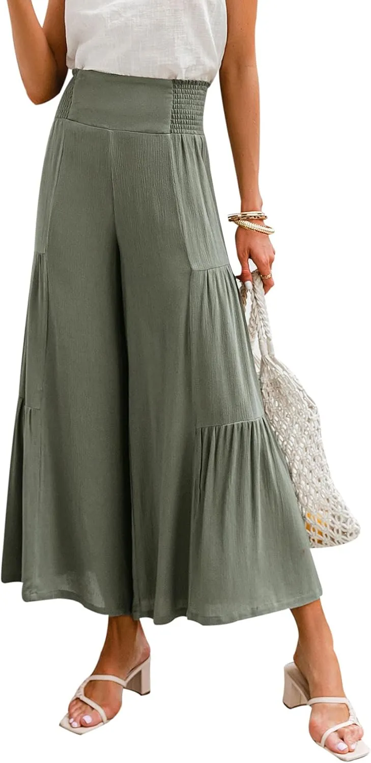 BerryGo Women's Boho Linen Flowy High Waisted Pants Elegant Split Stripe Wide Leg Pants