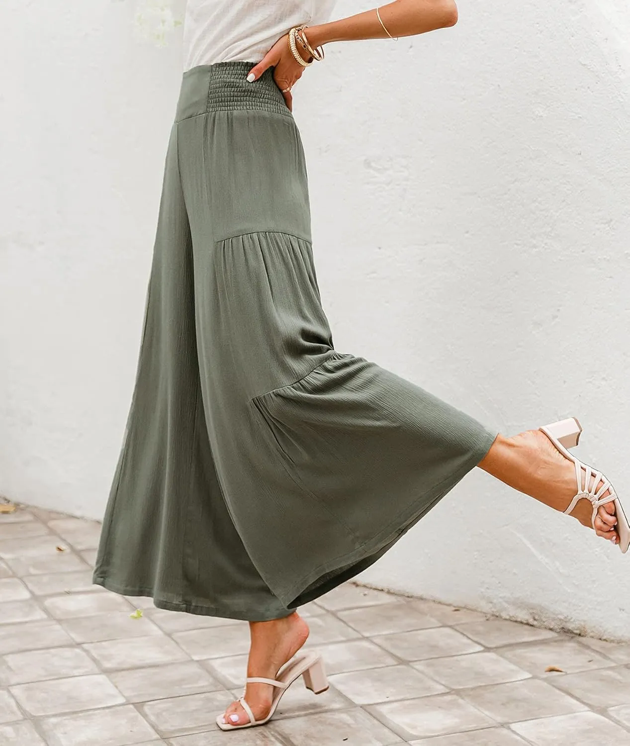 BerryGo Women's Boho Linen Flowy High Waisted Pants Elegant Split Stripe Wide Leg Pants
