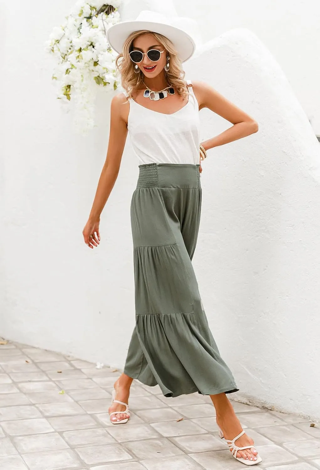 BerryGo Women's Boho Linen Flowy High Waisted Pants Elegant Split Stripe Wide Leg Pants