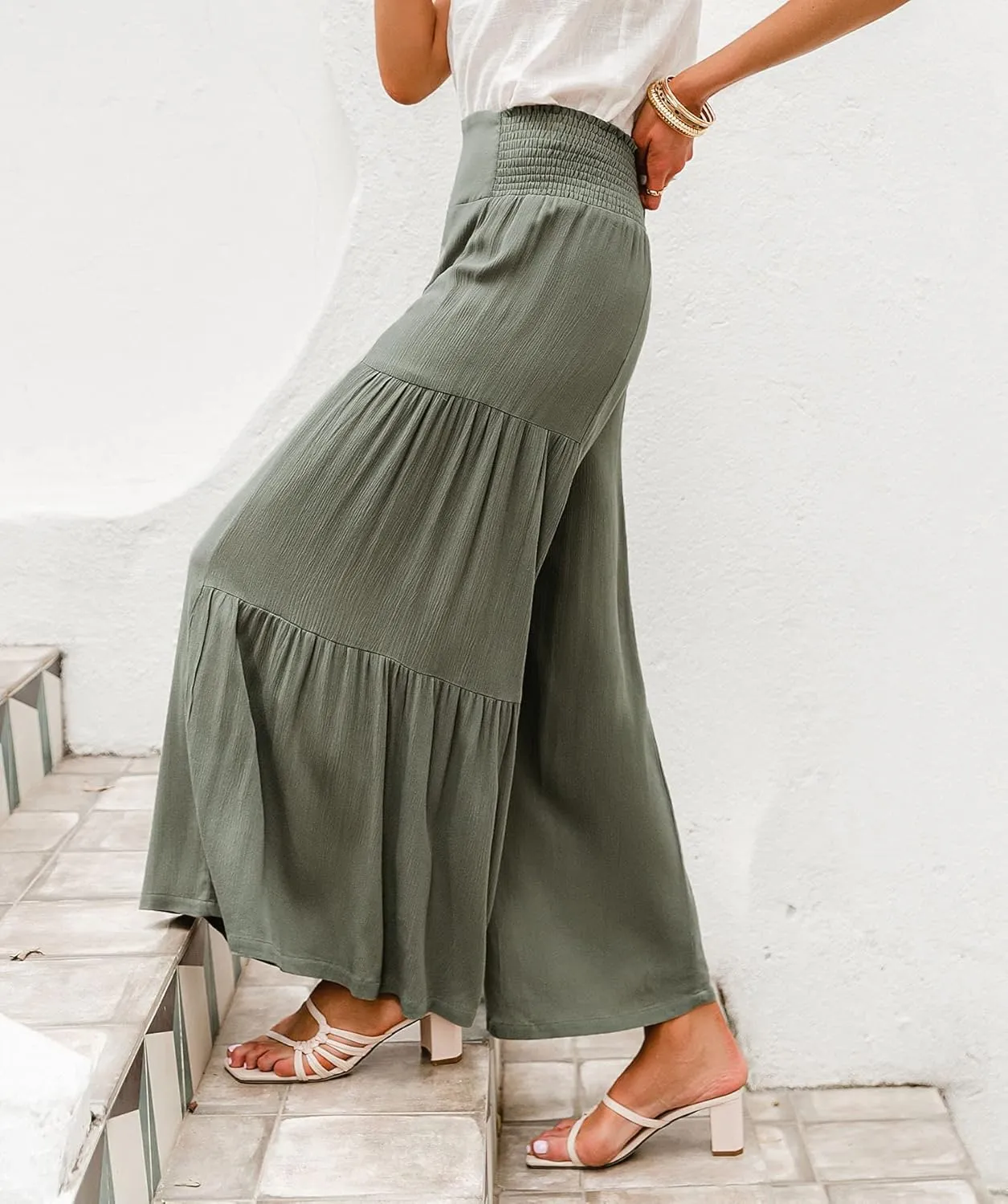 BerryGo Women's Boho Linen Flowy High Waisted Pants Elegant Split Stripe Wide Leg Pants