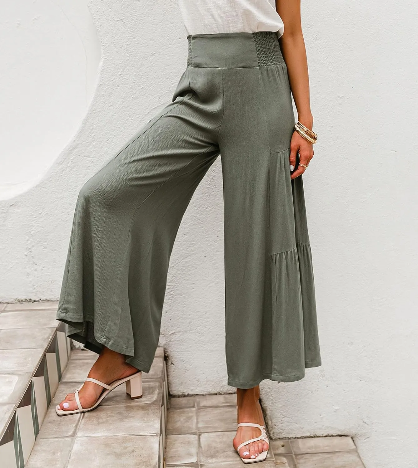 BerryGo Women's Boho Linen Flowy High Waisted Pants Elegant Split Stripe Wide Leg Pants