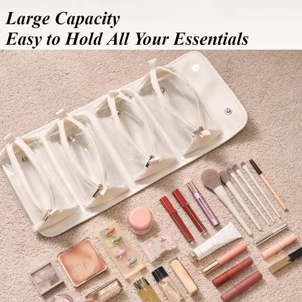 Binozinco Cosmetic Bag - Leather Waterproof Cosmetic Bag, Detachable Compact Toiletry Bag, Player Travel Cosmetic Bag, Basic-Chic Cosmetic Bag (White)