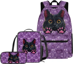 Black Cat Backpack Set for Kids School Bag Insulated Lunch Box Pencil Case Organizer with 3 Piece Bookbag