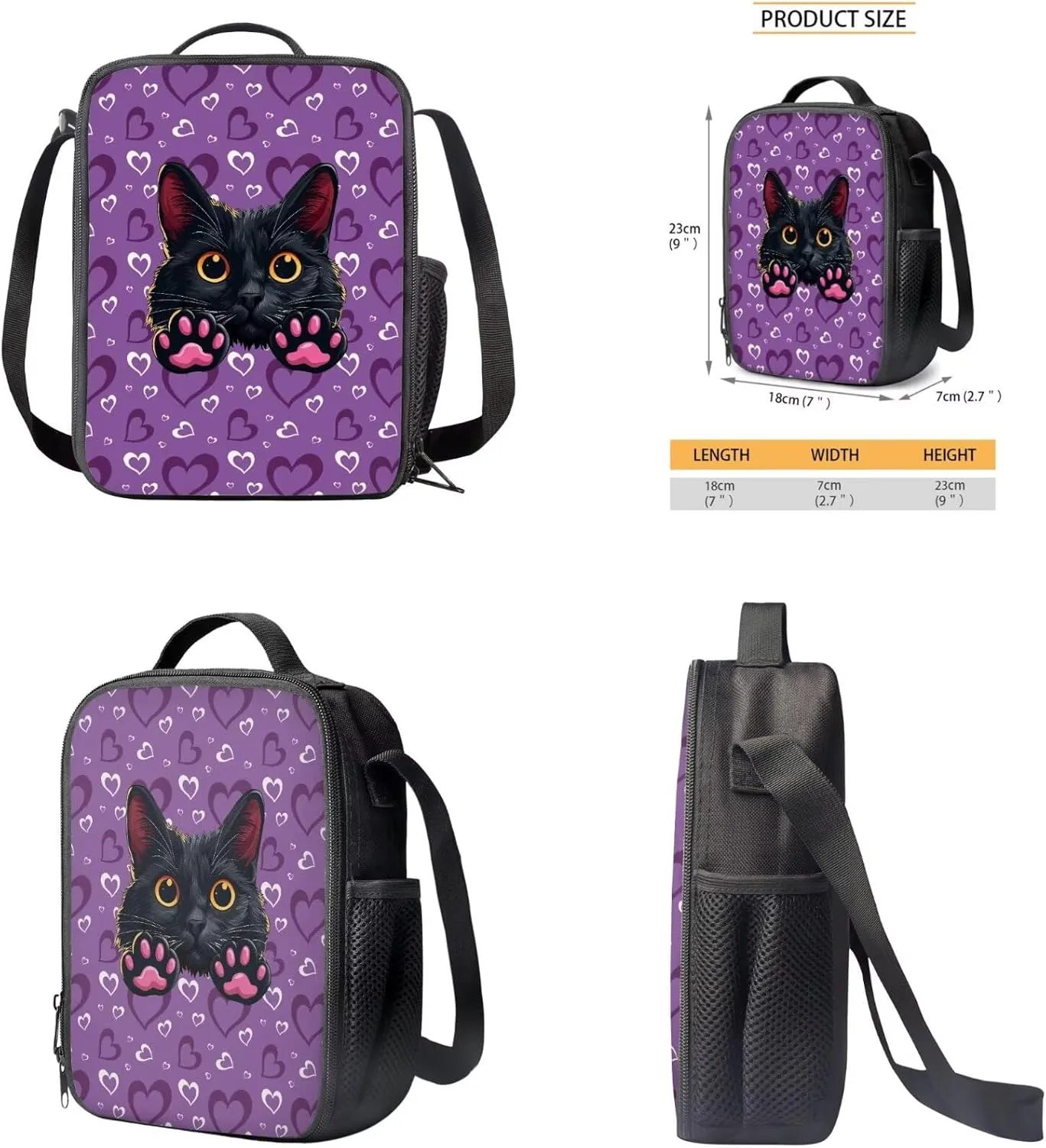 Black Cat Backpack Set for Kids School Bag Insulated Lunch Box Pencil Case Organizer with 3 Piece Bookbag