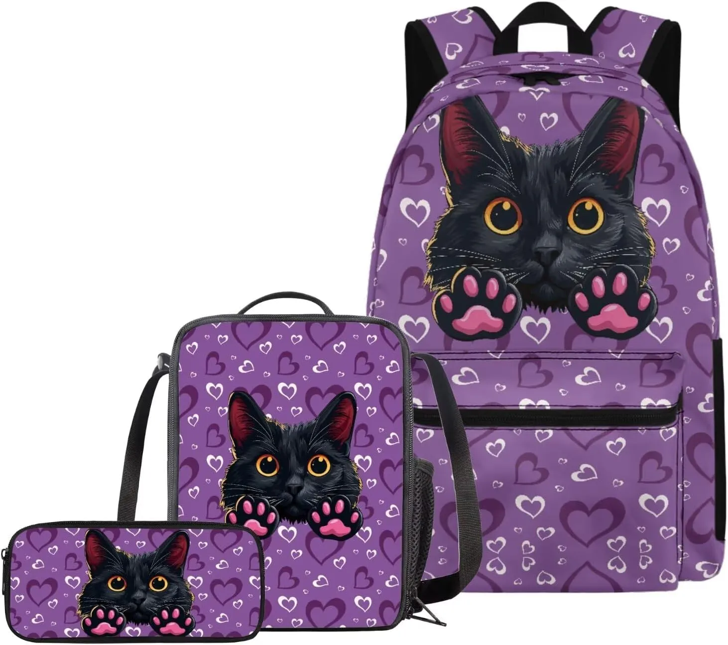 Black Cat Backpack Set for Kids School Bag Insulated Lunch Box Pencil Case Organizer with 3 Piece Bookbag