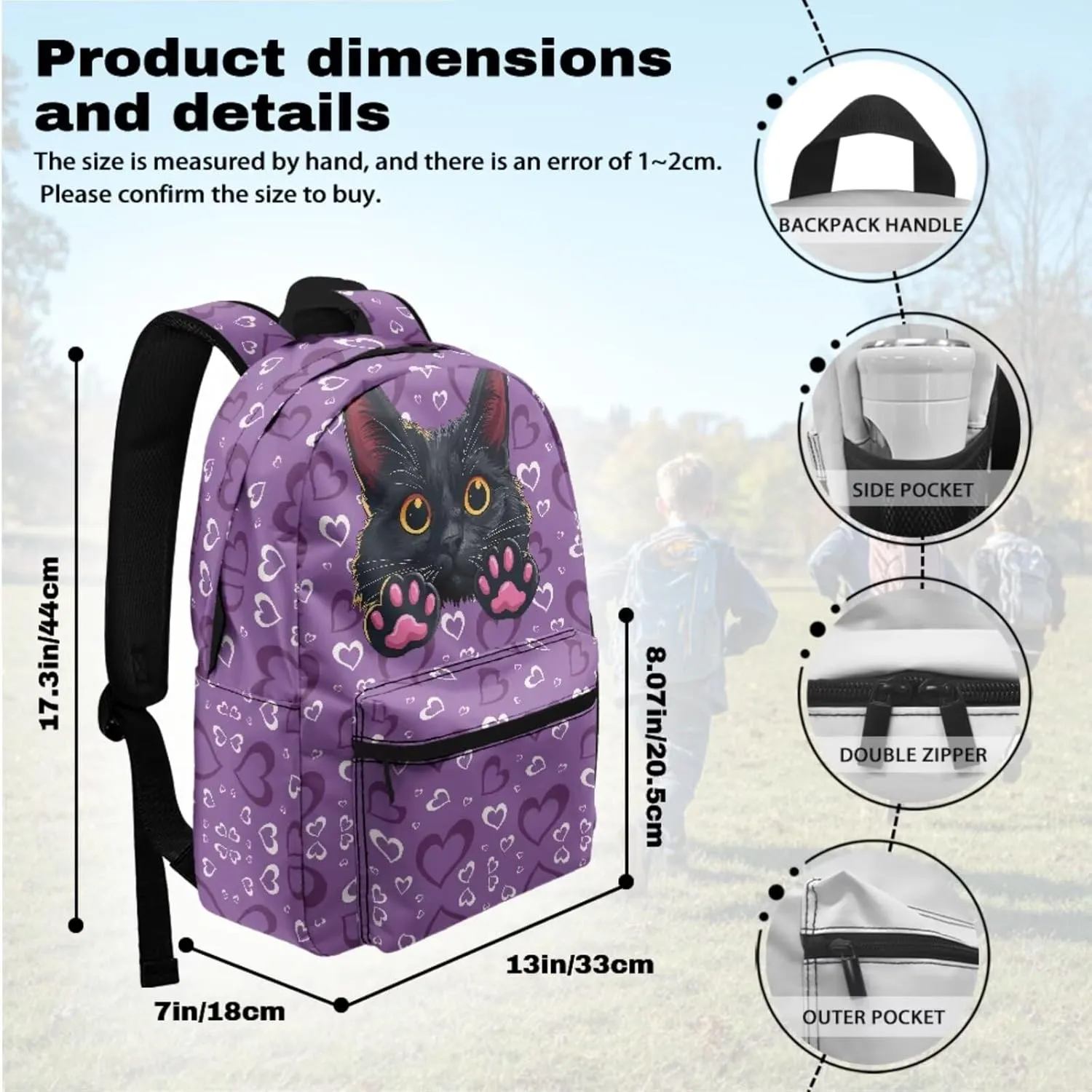 Black Cat Backpack Set for Kids School Bag Insulated Lunch Box Pencil Case Organizer with 3 Piece Bookbag