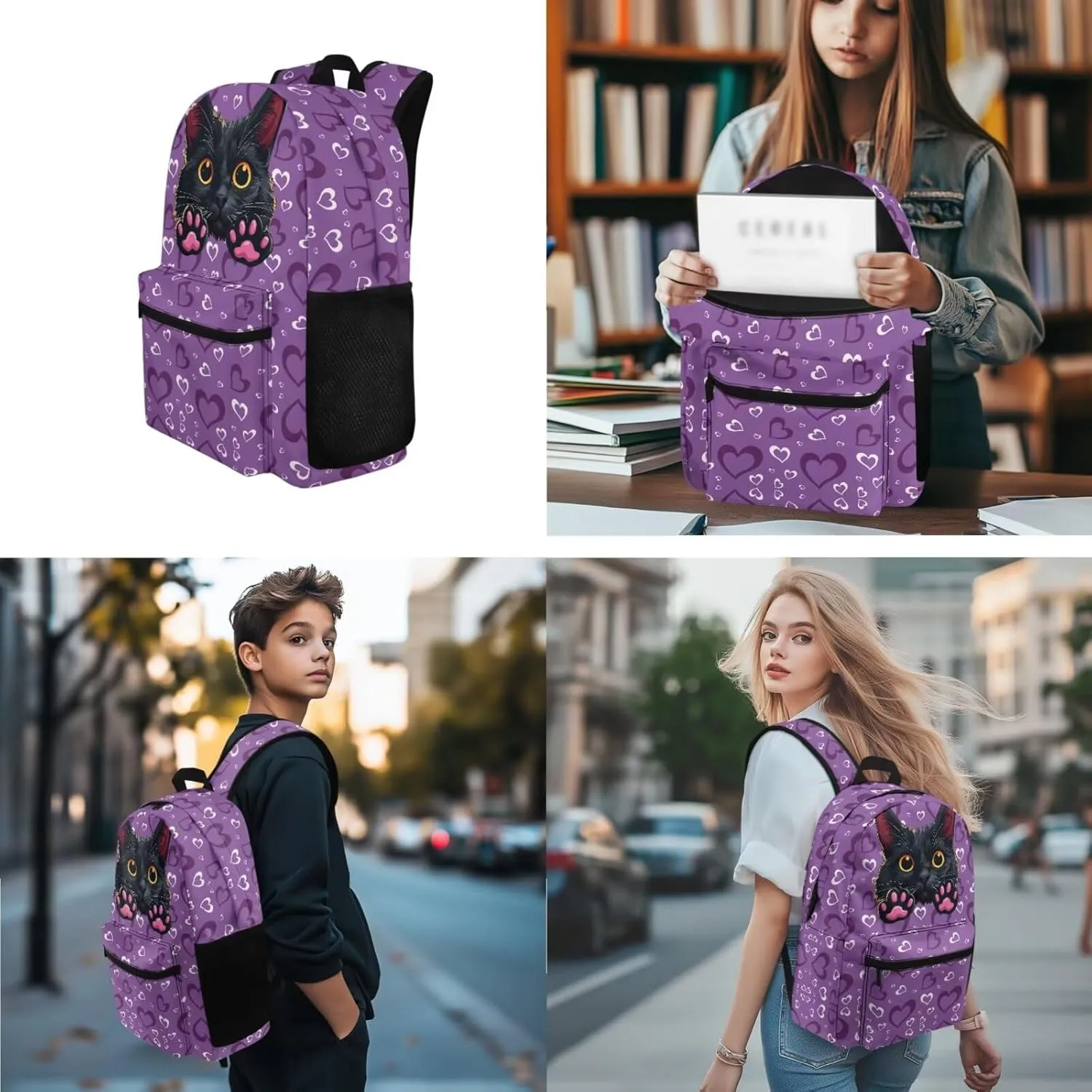 Black Cat Backpack Set for Kids School Bag Insulated Lunch Box Pencil Case Organizer with 3 Piece Bookbag