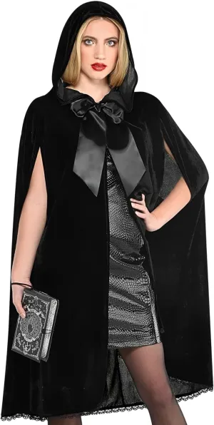 Black Hooded Cape With Oversized Bow For Women - One Size Fits All - Glamorous Costume Accessory, Perfect For Halloween, Costume Parties & Themed Events - 1 Pc