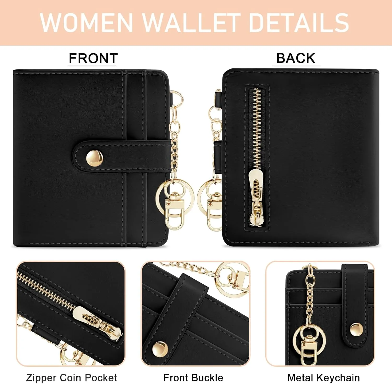 Black Rfid Ladies Wallet, Small Slim Thin Compact Credit Card Women Wallet, PU Leather Bifold Cash Zipper Coin Pocket ID Window for Female
