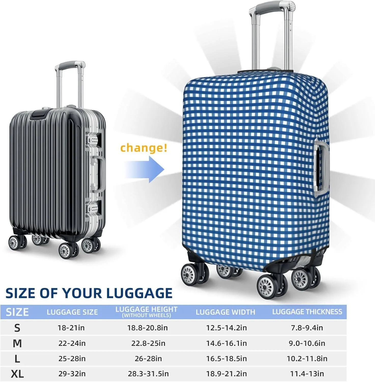 Blue Gingham Luggage Cover,Washable Suitcase Covers Fashion Luggage Covers,Anti-Scratch Suitcase Protector Cover