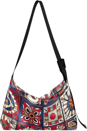 Blue Red Mexican Tile Tote Bag for Women Large Hobo Bags Leather Crossbody Bags Shoulder Hobo Bags with Adjustable Strap for Travel Women