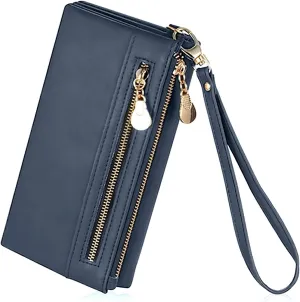 Blue Wristlet Clutch Purse for Women PU Leather Multiple Pocket Cell Phone Bag With Roomy Compartment and Card Slots