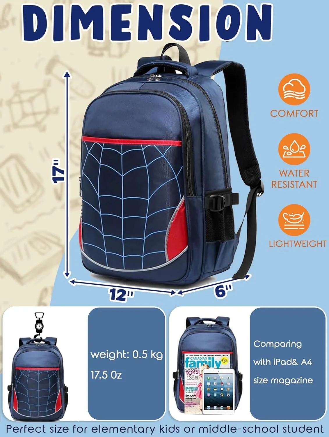 BLUEFAIRY Kids Backpack for Boys Elementary School Bags Kindergarten Primary School Bags Bookbags Back to School Book Bags Gifts Large Campartments Mochilas para Nios 17" Royal Blue