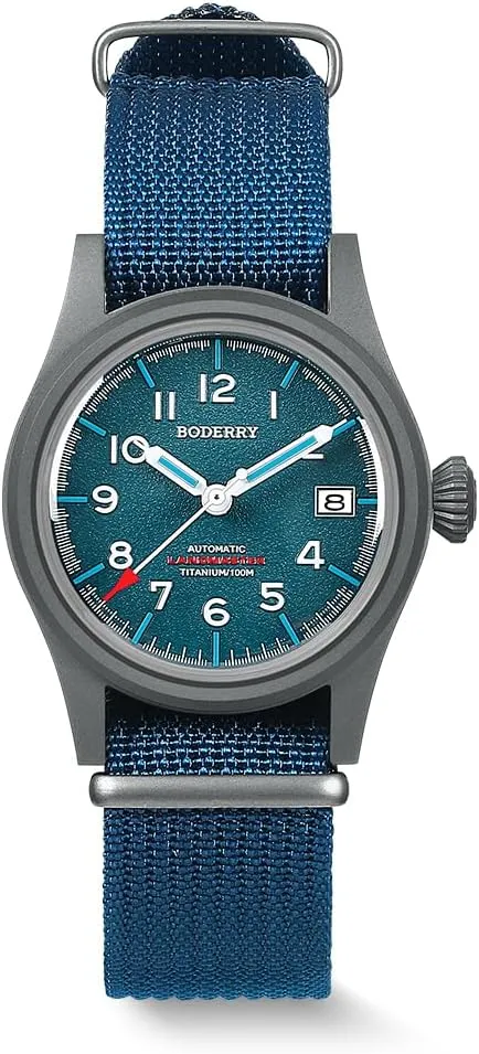 BODERRY Men's Watch Titanium Automatic Field Watch 38mm Military Watch Day Date Function 100M Waterproof with Nylon Strap Japanese NH35 Mechanical Movement & Screw Down CrownLANDMASTER