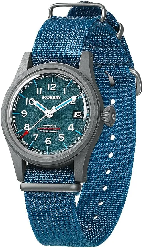 BODERRY Men's Watch Titanium Automatic Field Watch 38mm Military Watch Day Date Function 100M Waterproof with Nylon Strap Japanese NH35 Mechanical Movement & Screw Down CrownLANDMASTER