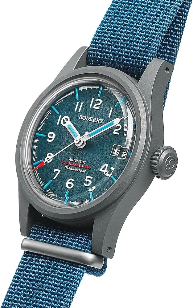 BODERRY Men's Watch Titanium Automatic Field Watch 38mm Military Watch Day Date Function 100M Waterproof with Nylon Strap Japanese NH35 Mechanical Movement & Screw Down CrownLANDMASTER