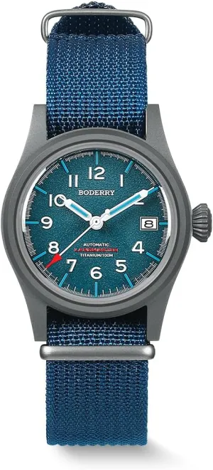 BODERRY Men's Watch Titanium Automatic Field Watch 38mm Military Watch Day Date Function 100M Waterproof with Nylon Strap Japanese NH35 Mechanical Movement & Screw Down CrownLANDMASTER