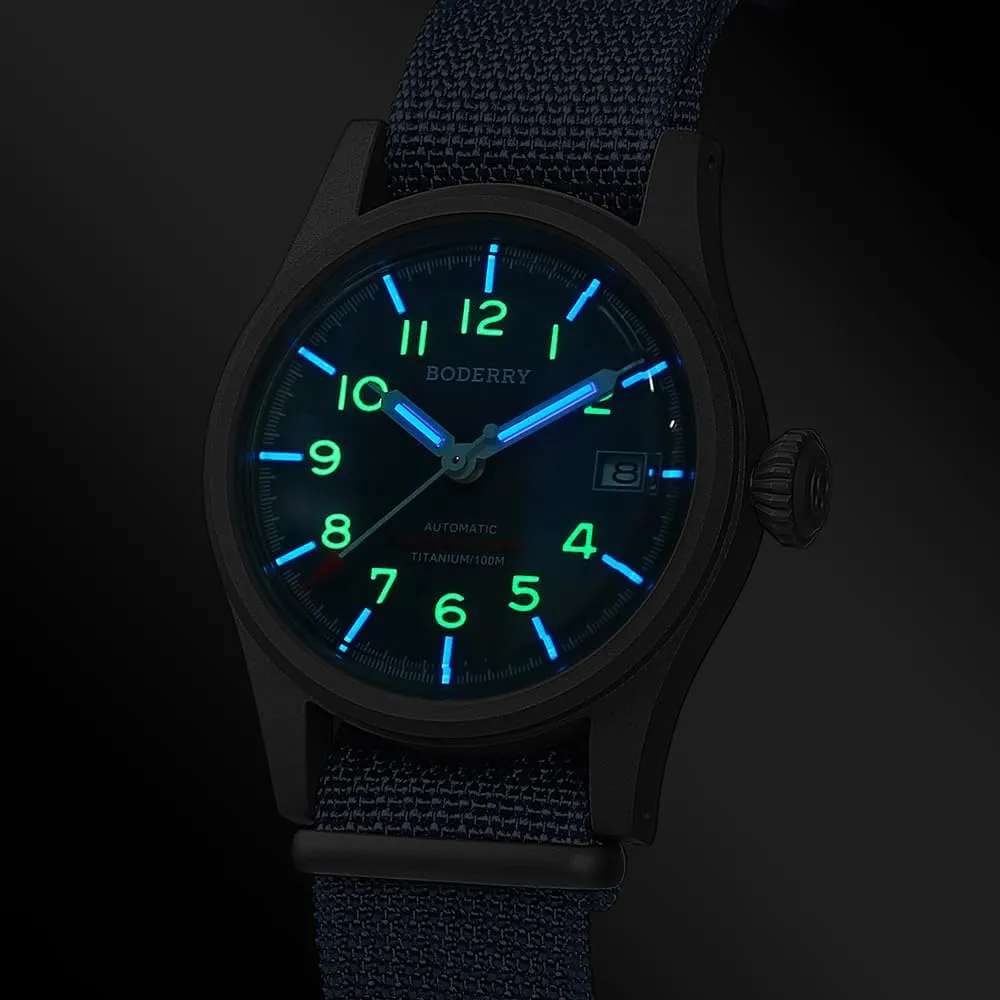 BODERRY Men's Watch Titanium Automatic Field Watch 38mm Military Watch Day Date Function 100M Waterproof with Nylon Strap Japanese NH35 Mechanical Movement & Screw Down CrownLANDMASTER