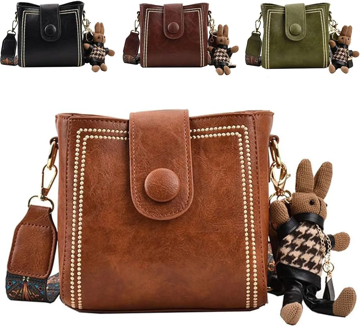 Bootara Bucket Bag, Bootara Women's Vintage Bunny Charm Bucket Bag, Convertible Shoulder Crossbody, Spacious Travel Tote