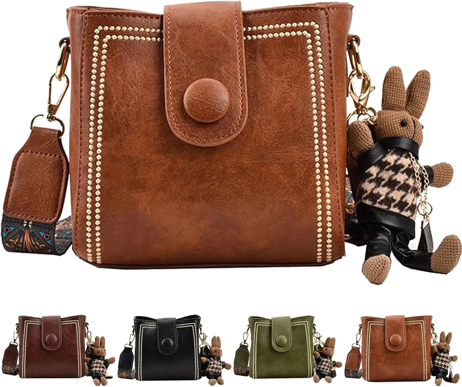Bootara Bucket Bag, Vintage Crossbody Bag with Adjustable Wider Shoulder Strap, Spacious Travel Tote with Cute Rabbit Pendant